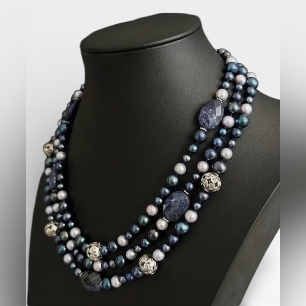 LUCAS LAMETH Sterling Triple-Strand Faceted Sodalite & Cultured Pearl Necklace - Picture 4 of 12